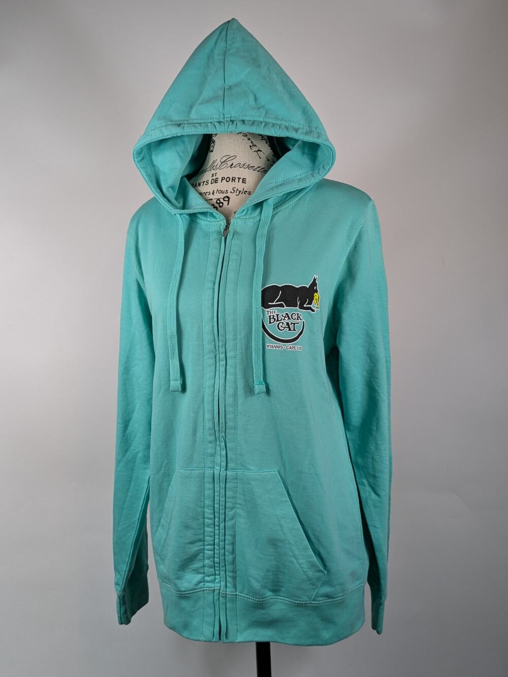 Austins Womens Medium Hoodie Zip Black Cat Tavern Cape Cod Teal Lightweight Top
